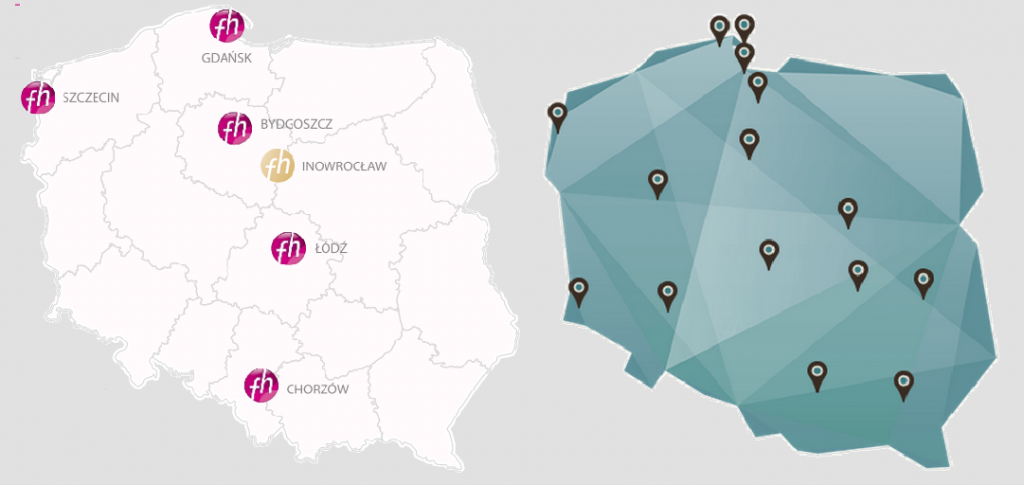 Lokalizacja hoteli sieci Focus (mapa po lewej) oraz hoteli sieci WAM (po prawej)