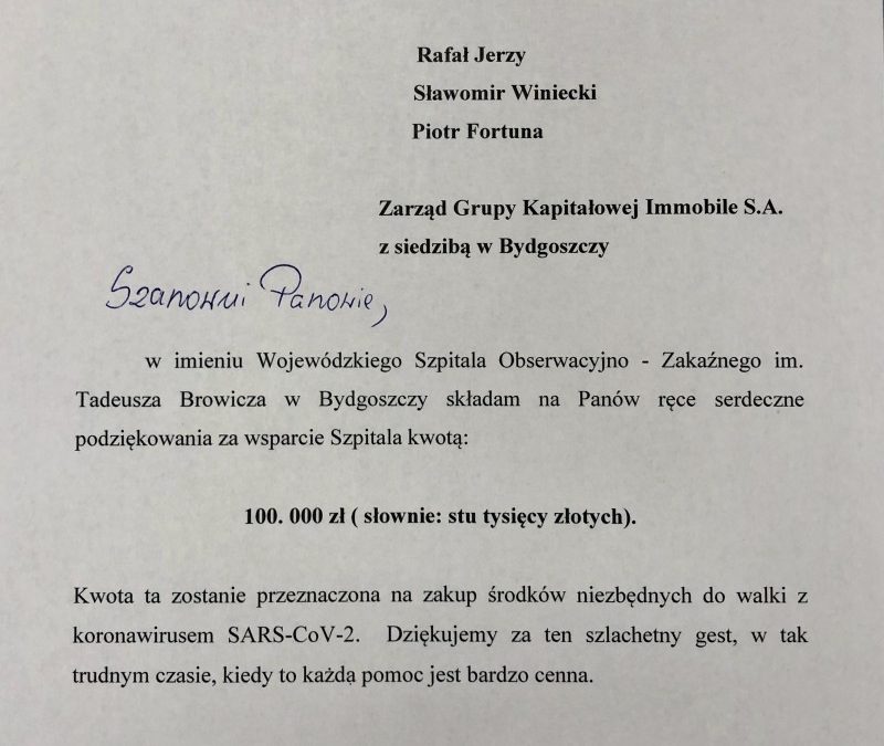 GK IMMOBILE transferred funds for the Infectious Hospital in Bydgoszcz